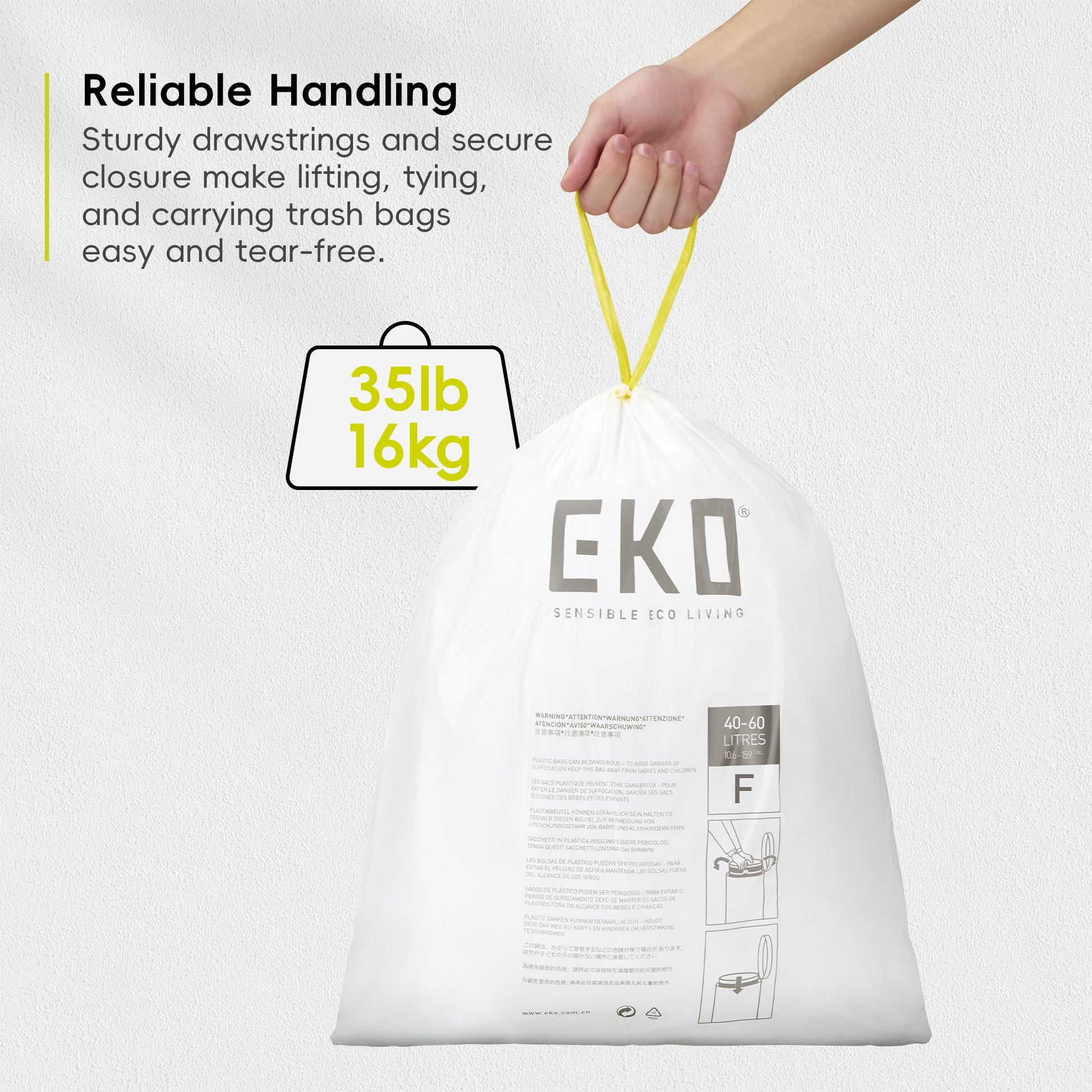 EKO 13 Gallon / 40-60 Liter Drawstring Trash Bags, Extra-Strong Unscented Garbage Bags, 60 Count Easy-Dispense Roll for Kitchen & Household Use, Leak-Resistant, Code F, White EKO