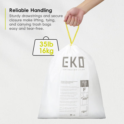 EKO 13 Gallon / 40-60 Liter Drawstring Trash Bags, Extra-Strong Unscented Garbage Bags, 60 Count Easy-Dispense Roll for Kitchen & Household Use, Leak-Resistant, Code F, White EKO