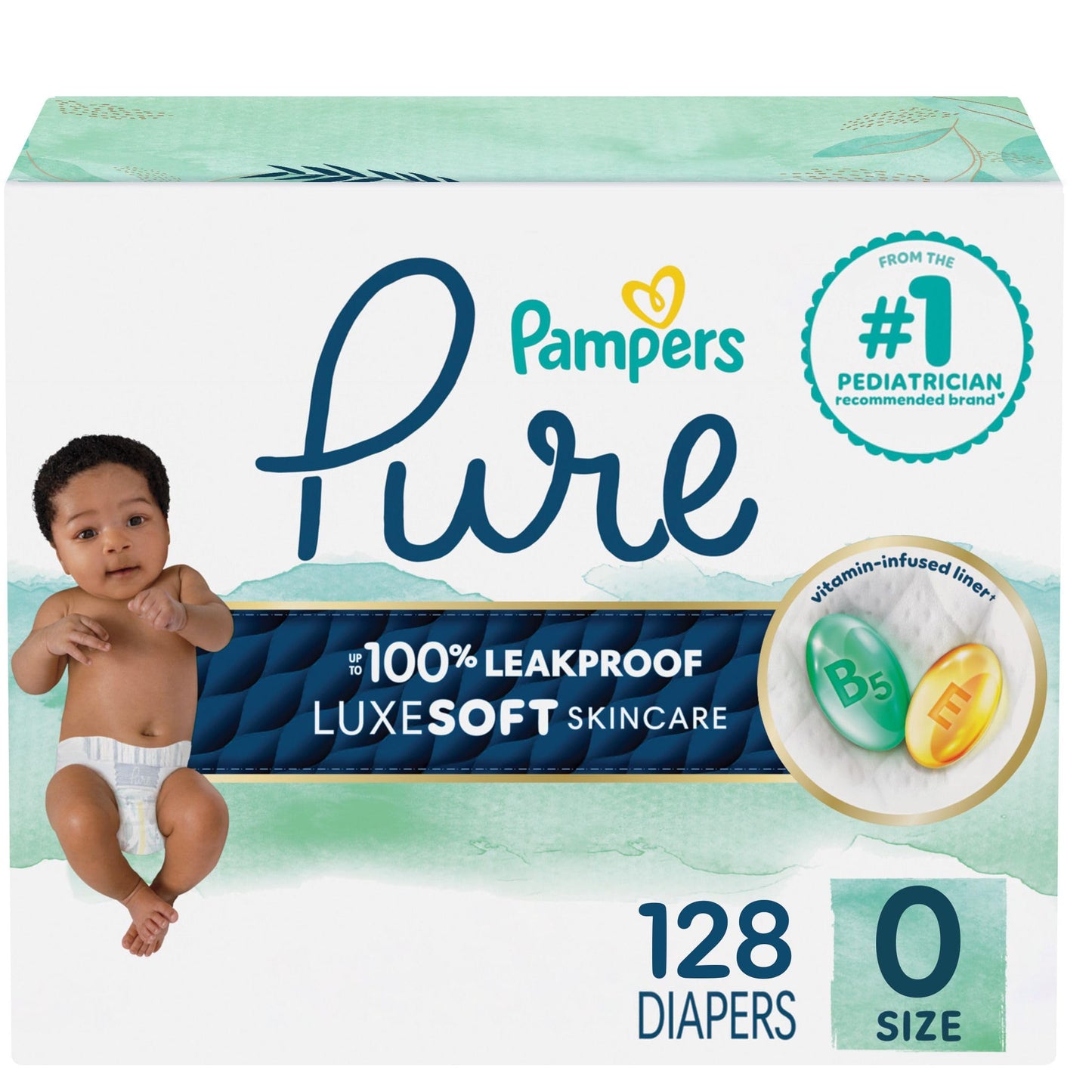 Pampers Pure Baby Diapers, Size 0, Up to 100% Leakproof, Premium Hypoallergenic Soft Diapers, 1 Pack (Count of 128)