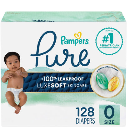 Pampers Pure Baby Diapers, Size 0, Up to 100% Leakproof, Premium Hypoallergenic Soft Diapers, 1 Pack (Count of 128)