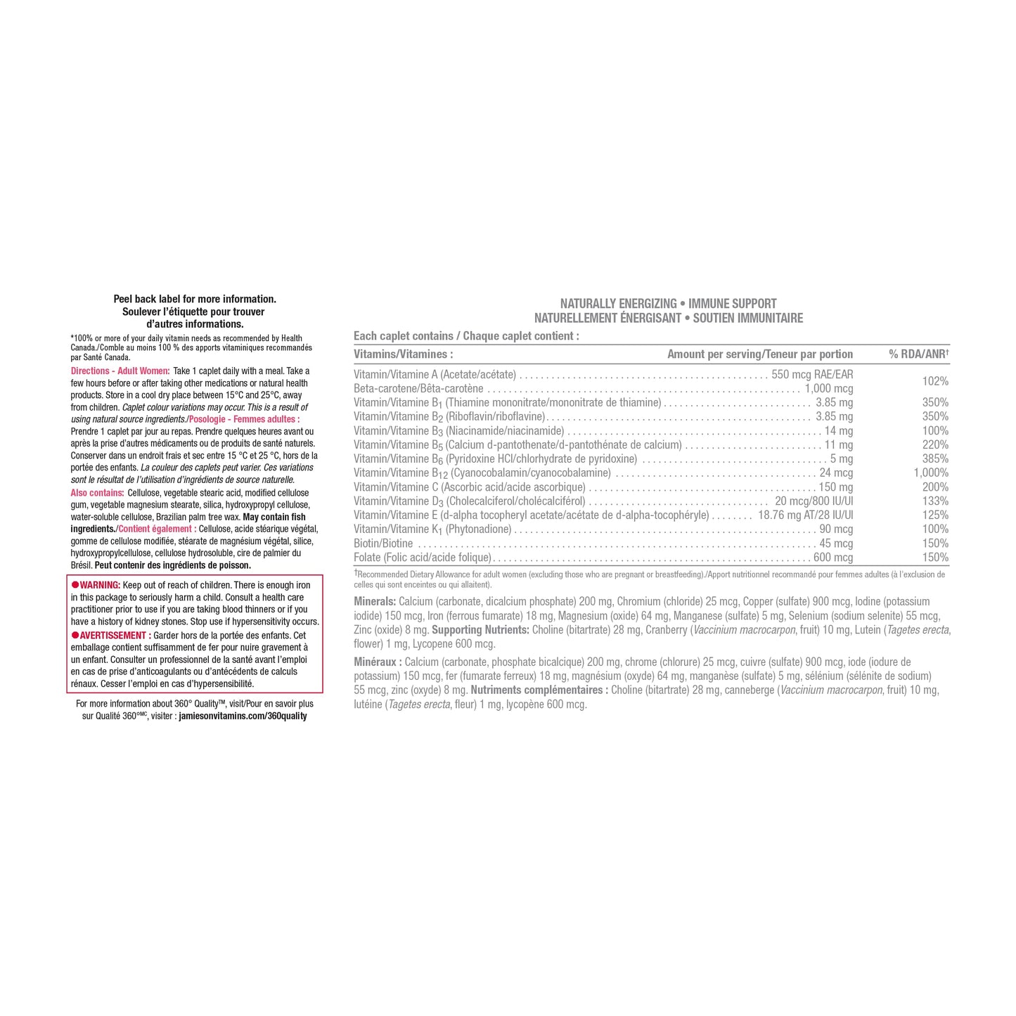 Jamieson 100% Complete Multivitamin for Women, with Cranberry, Biotin and Calcium, Supports Energy, Immunity, Everyday Health, Healthy Skin, and Bone Health, One Per Day, 160 Caplets - Available at All In One Marketplace Canada