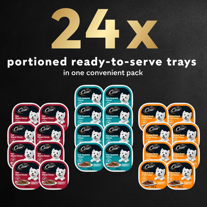 CESAR Classic Loaf in Sauce Adult Wet Dog Food Mealtime Variety Pack, with 8 Filet Mignon, 8 Pork Tenderloin & 8 Smoked Bacon & Egg Flavours, 24x100g Trays