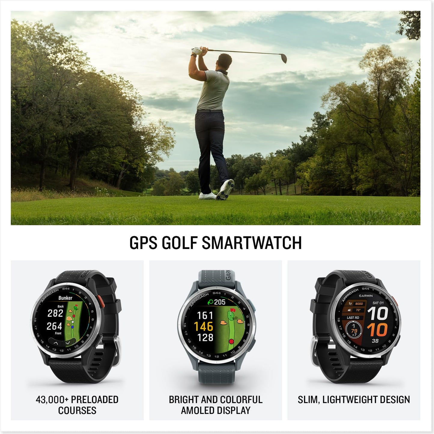 Garmin Approach S44, Essential Golf GPS Smartwatch, AMOLED Display, On-Course Features, Silver Aluminum Bezel with Black Silicone Band 🍁 All In One Marketplace Canada