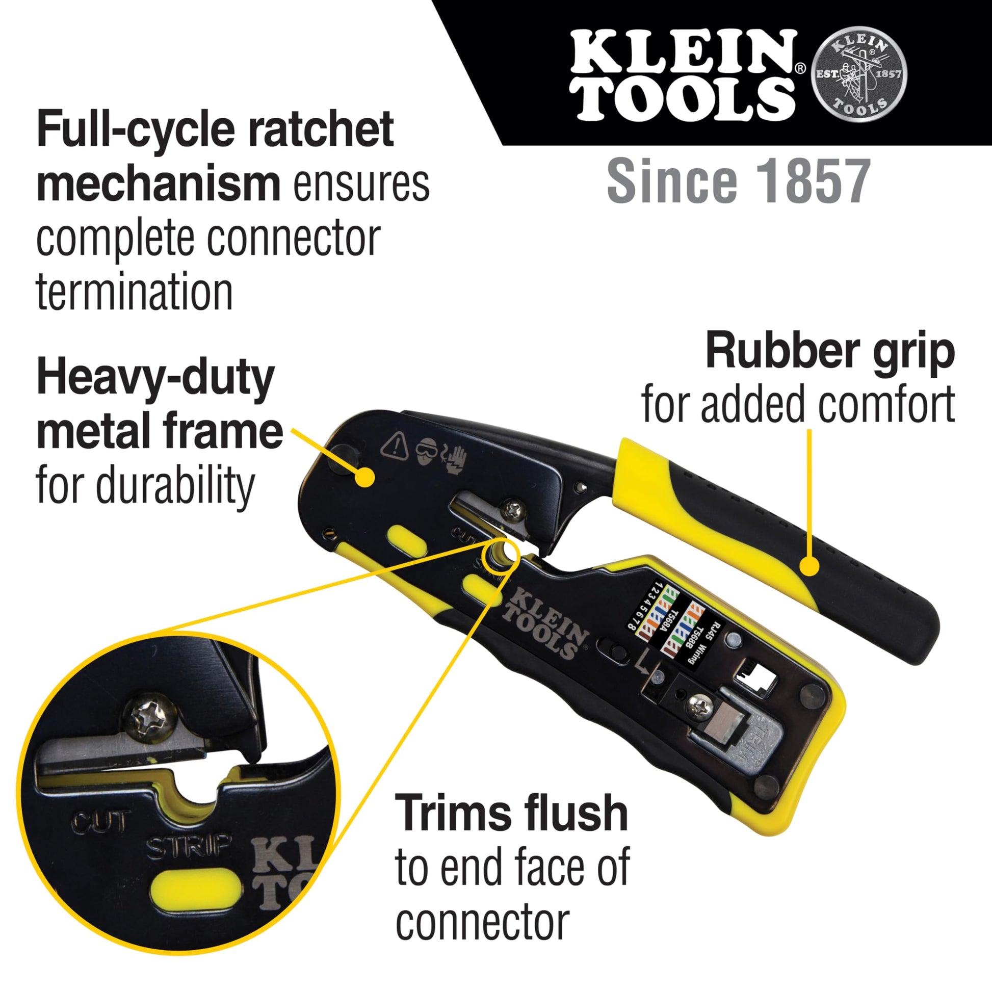 Klein Tools VDV226-110 Ratcheting Modular Data Cable Crimper/Wire Stripper/Wire Cutter for RJ11/RJ12 Standard, RJ45 Pass-Thru Connectors KLEIN TOOLS