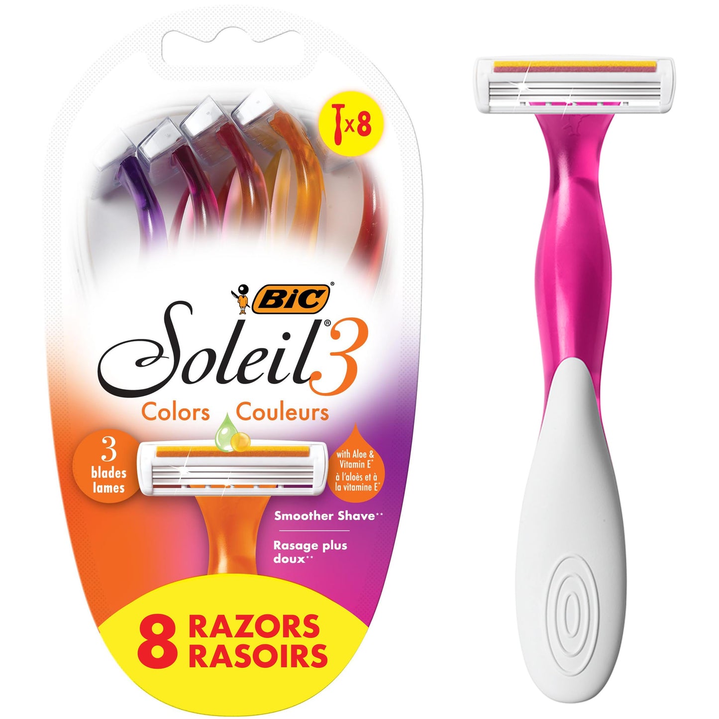 BIC Soleil 3 Colors Women's Disposable 3-Blade Razors, Aloe Strip, Women's Razors for University Residence Room Essentials and First Apartment Essentials, 8-Pack - Available at All In One Marketplace Canada