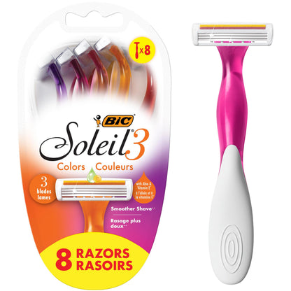 BIC Soleil 3 Colors Women's Disposable 3-Blade Razors, Aloe Strip, Women's Razors for University Residence Room Essentials and First Apartment Essentials, 8-Pack - Available at All In One Marketplace Canada
