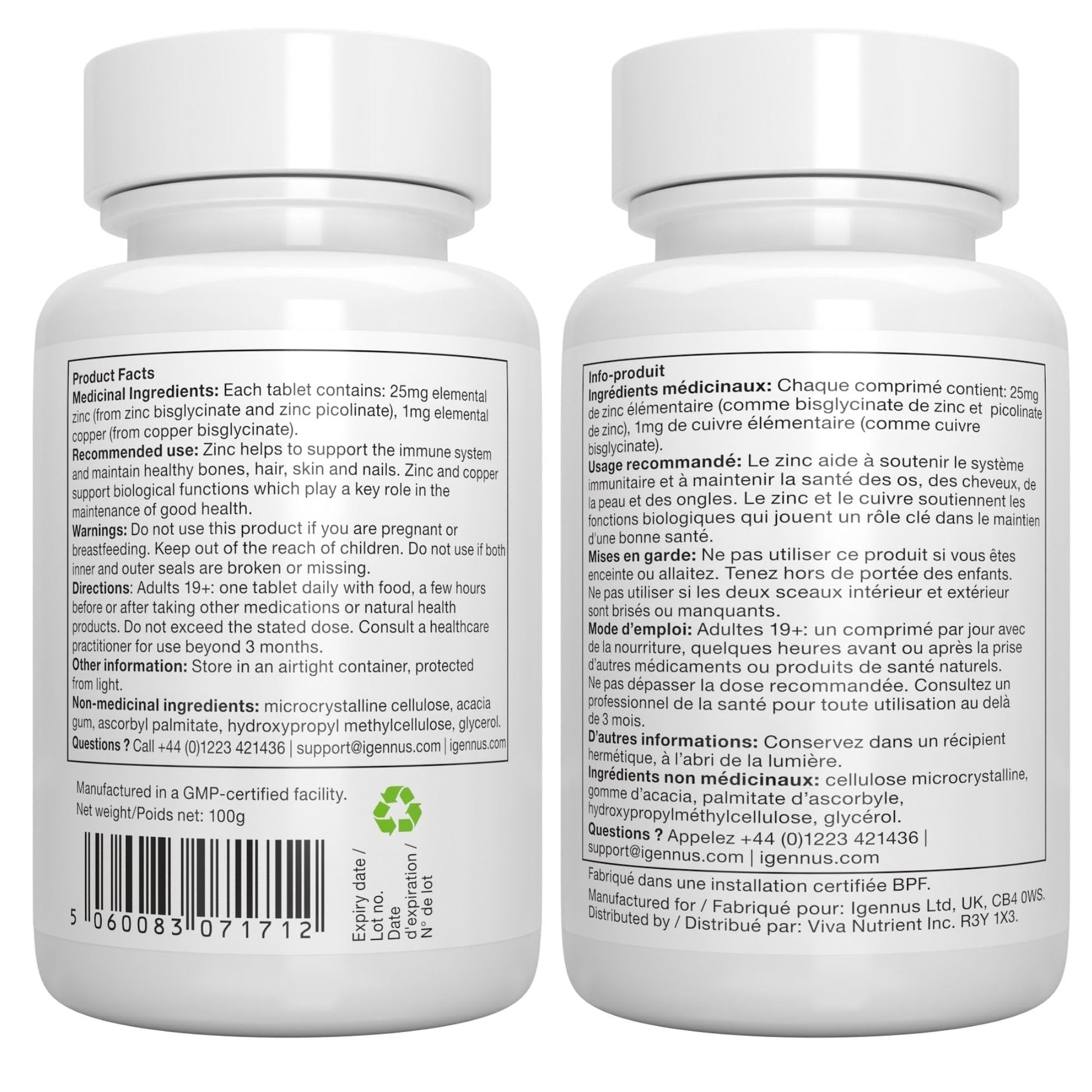 Igennus Zinc 25mg with Copper, Dual-Form Zinc Picolinate & Bisglycinate Complex, Clean Label & High Absorption, 180 Tablets (6 Month Supply), Immune, Skin and Cellular Health Support, Non-GMO, Vegan - Available at All In One Marketplace Canada
