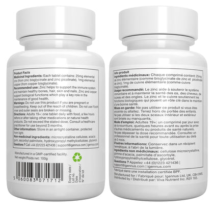 Igennus Zinc 25mg with Copper, Dual-Form Zinc Picolinate & Bisglycinate Complex, Clean Label & High Absorption, 180 Tablets (6 Month Supply), Immune, Skin and Cellular Health Support, Non-GMO, Vegan - Available at All In One Marketplace Canada