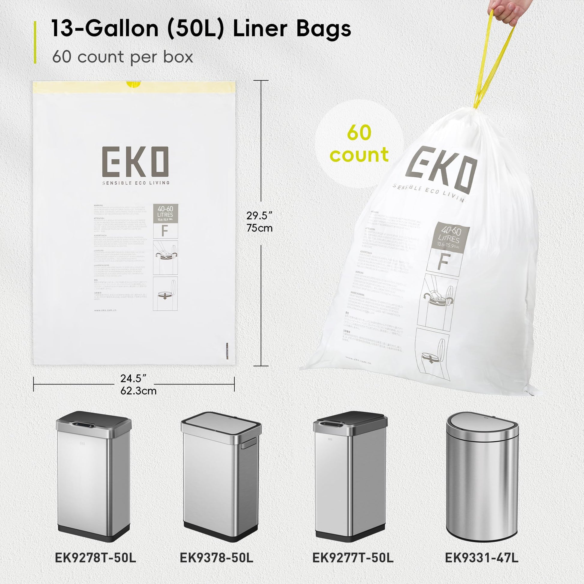 EKO 13 Gallon / 40-60 Liter Drawstring Trash Bags, Extra-Strong Unscented Garbage Bags, 60 Count Easy-Dispense Roll for Kitchen & Household Use, Leak-Resistant, Code F, White EKO