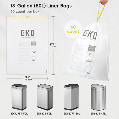 EKO 13 Gallon / 40-60 Liter Drawstring Trash Bags, Extra-Strong Unscented Garbage Bags, 60 Count Easy-Dispense Roll for Kitchen & Household Use, Leak-Resistant, Code F, White EKO