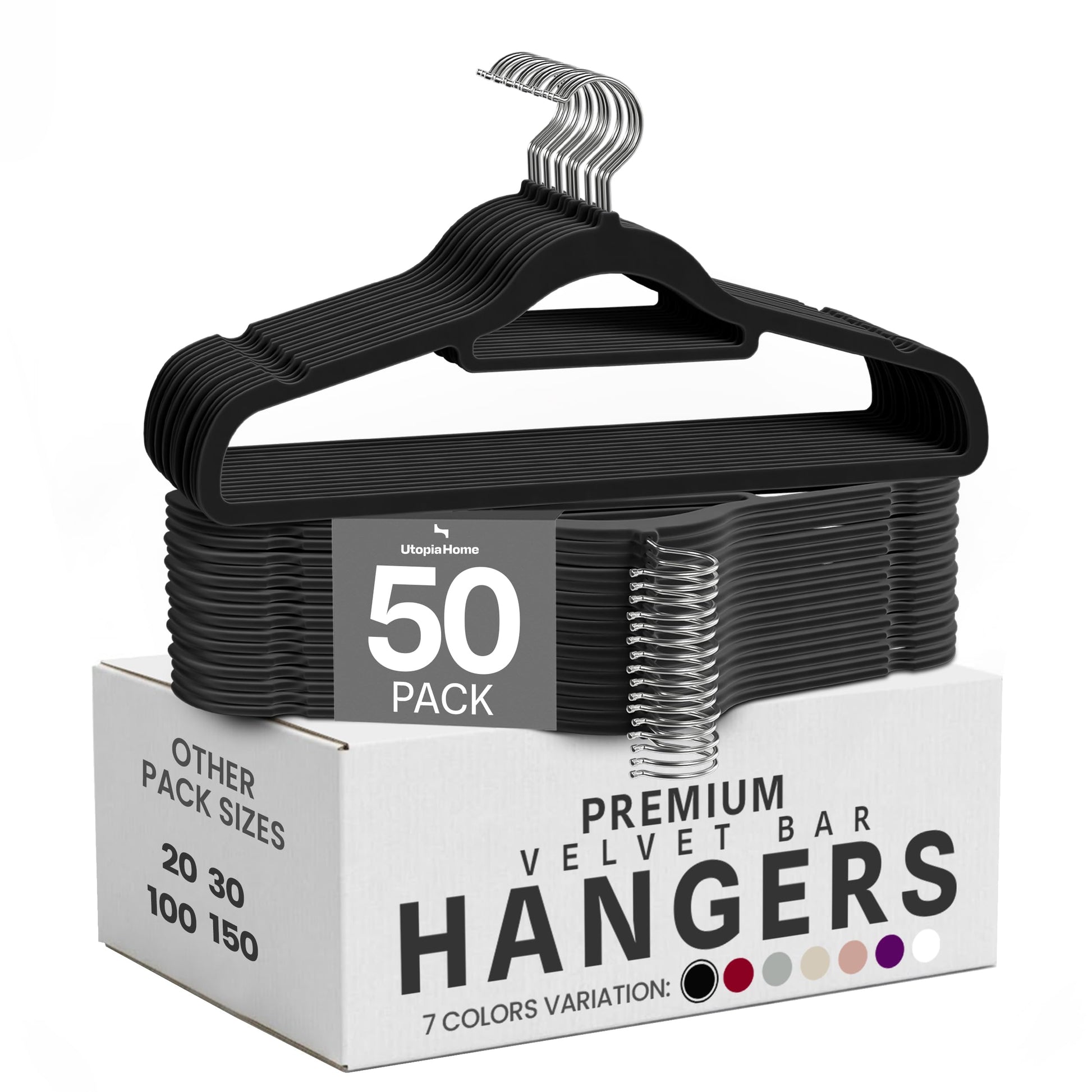 Utopia Home Premium Velvet Hangers 50 Pack - Non-Slip Clothes Hangers with Tie Bar - Black Hangers - Standard Hangers with 360 Degree Rotatable Hook - Heavy Duty Coat Hangers