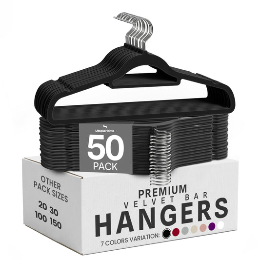Utopia Home Premium Velvet Hangers 50 Pack - Non-Slip Clothes Hangers with Tie Bar - Black Hangers - Standard Hangers with 360 Degree Rotatable Hook - Heavy Duty Coat Hangers