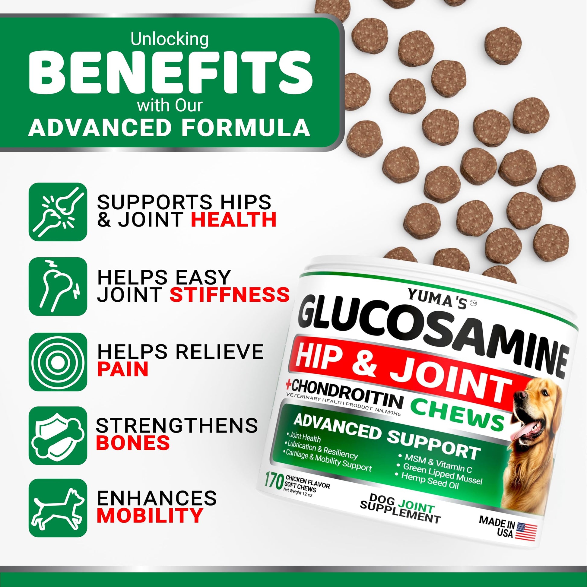 Glucosamine for Dogs - 170 Chews - Hip and Joint Supplement for Dogs - Glucosamine Chondroitin Chews - Joint Pain Relief Supplement with MSM - Advanced Health - Mobility Support - Made in USA