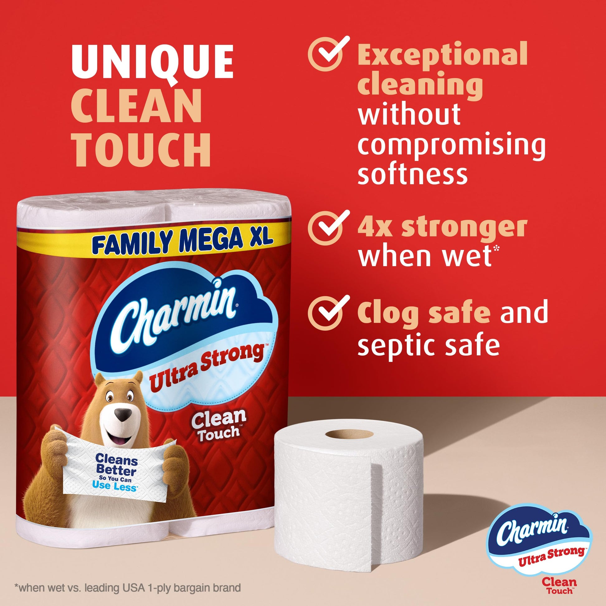 Charmin Toilet Paper Ultra Strong Clean Touch, 12 Family Mega XL Rolls = 84 Regular Rolls
