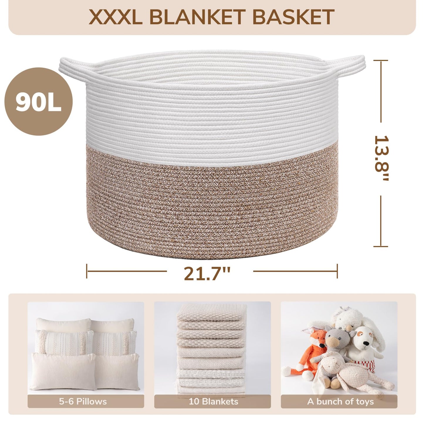 INDRESSME XXXLarge Cotton Rope Basket 21.7" x 21.7" x 13.8" Woven Laundry Basket for Blankets, Storage Basket with Handle Comforter Cushions Storage Bins Thread Laundry Hamper - Available at All In One Marketplace Canada