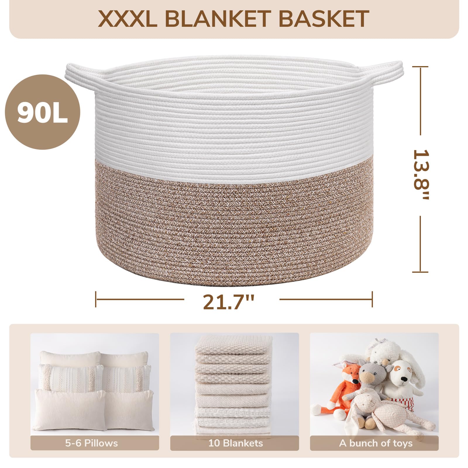 INDRESSME XXXLarge Cotton Rope Basket 21.7" x 21.7" x 13.8" Woven Laundry Basket for Blankets, Storage Basket with Handle Comforter Cushions Storage Bins Thread Laundry Hamper - Available at All In One Marketplace Canada