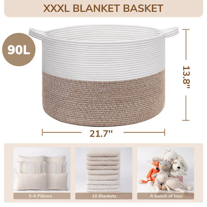 INDRESSME XXXLarge Cotton Rope Basket 21.7" x 21.7" x 13.8" Woven Laundry Basket for Blankets, Storage Basket with Handle Comforter Cushions Storage Bins Thread Laundry Hamper - Available at All In One Marketplace Canada
