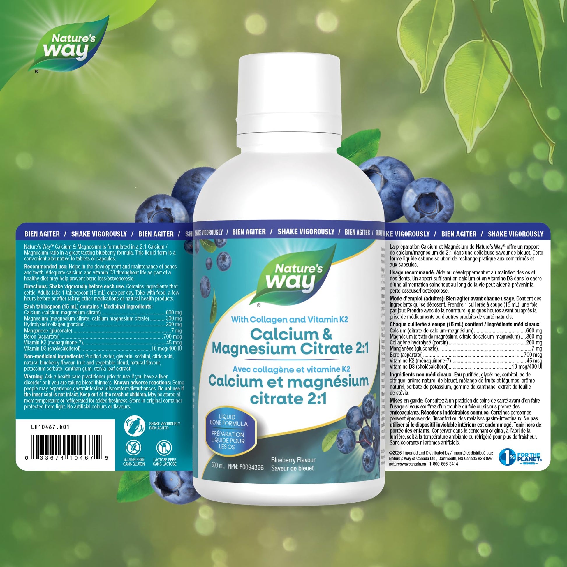 Nature's Way Calcium and Magnesium Citrate 2:1 - Liquid Supplement with Vitamin K2 and Collagen – Helps Support the Maintenance of Bones and Teeth – Blueberry Flavour, 500 mL - Available at All In One Marketplace Canada