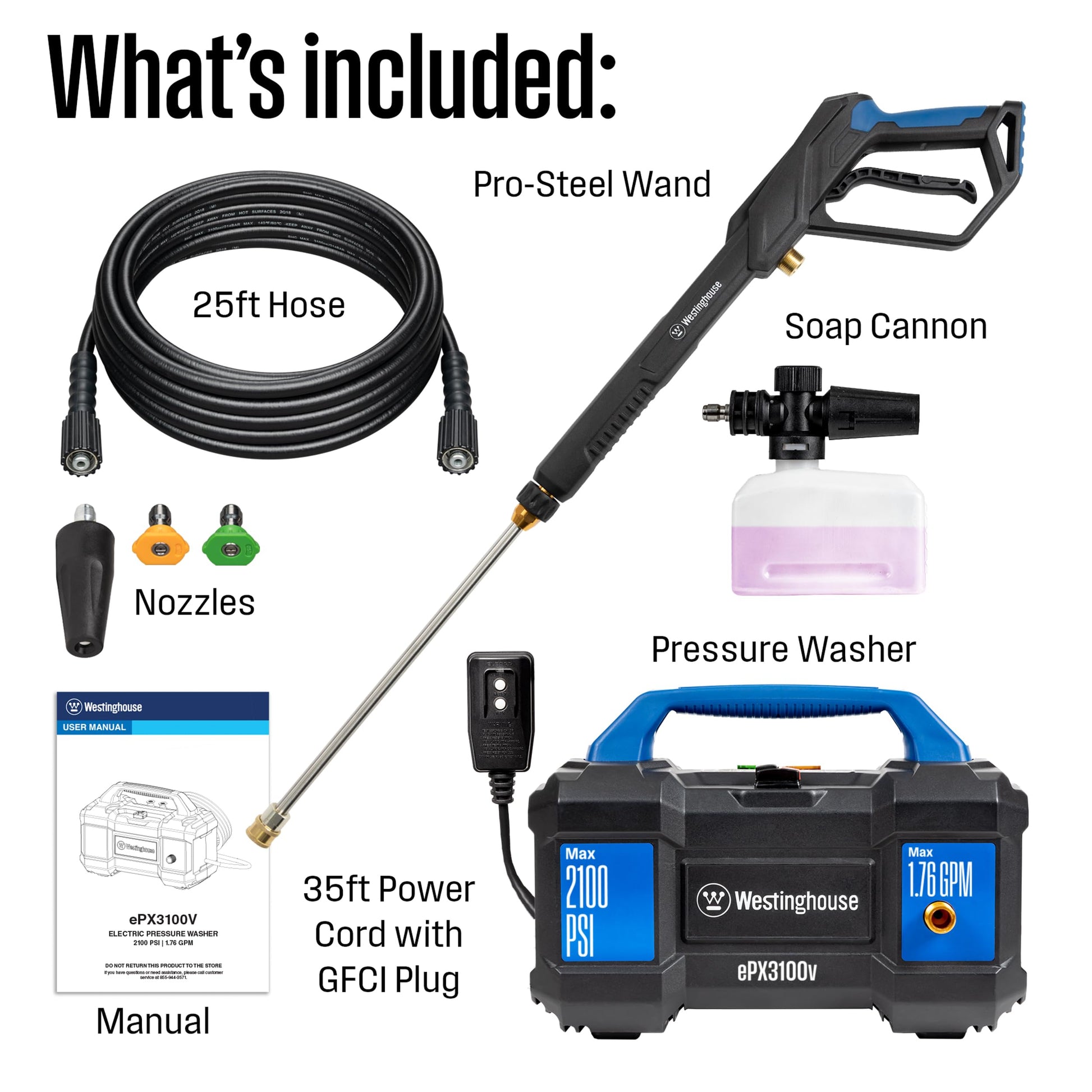 Westinghouse ePX3100v Electric Pressure Washer, 2100 Max PSI 1.76 Max GPM, Built-in Carry Handle, Detachable Foam Cannon, Pro-Style Steel Wand, 3-Nozzle Set, for Cars/Fences/Driveways/Home/Patios Westinghouse
