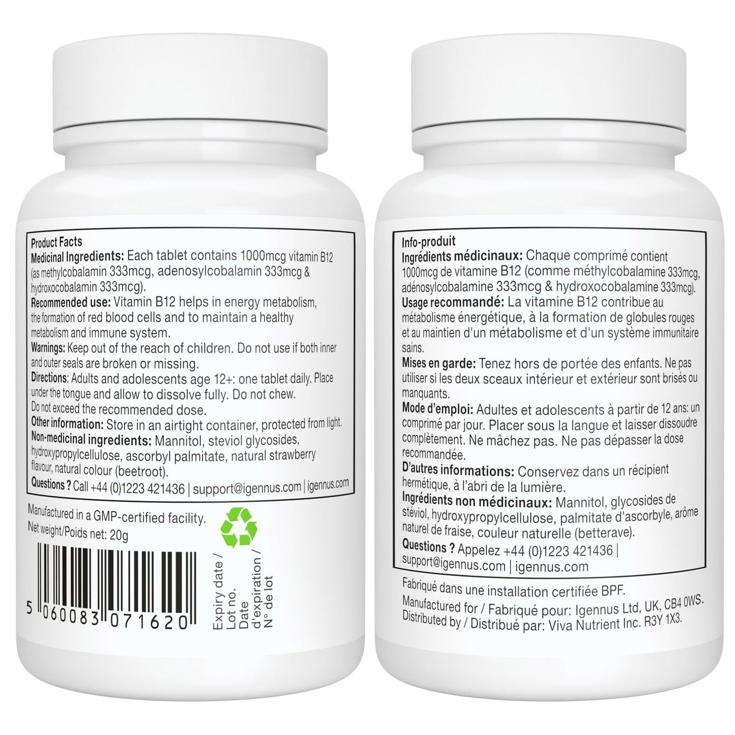 Igennus Sublingual Vitamin B12-Complex 1000mcg, Methylated B12, 180 Serving - Available at All In One Marketplace Canada