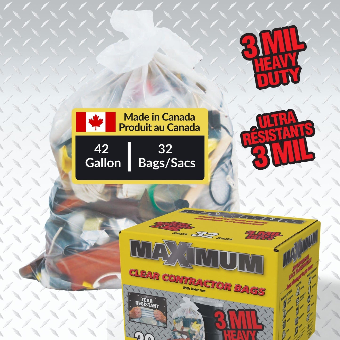 Maximum Heavy Duty Garbage Bags, 42-Gallon, 3 Mil, Clear Garbage Bags Extra Large, Tear Resistant, Industrial Strength, 32 Counts, Made In Canada - Available at All In One Marketplace Canada