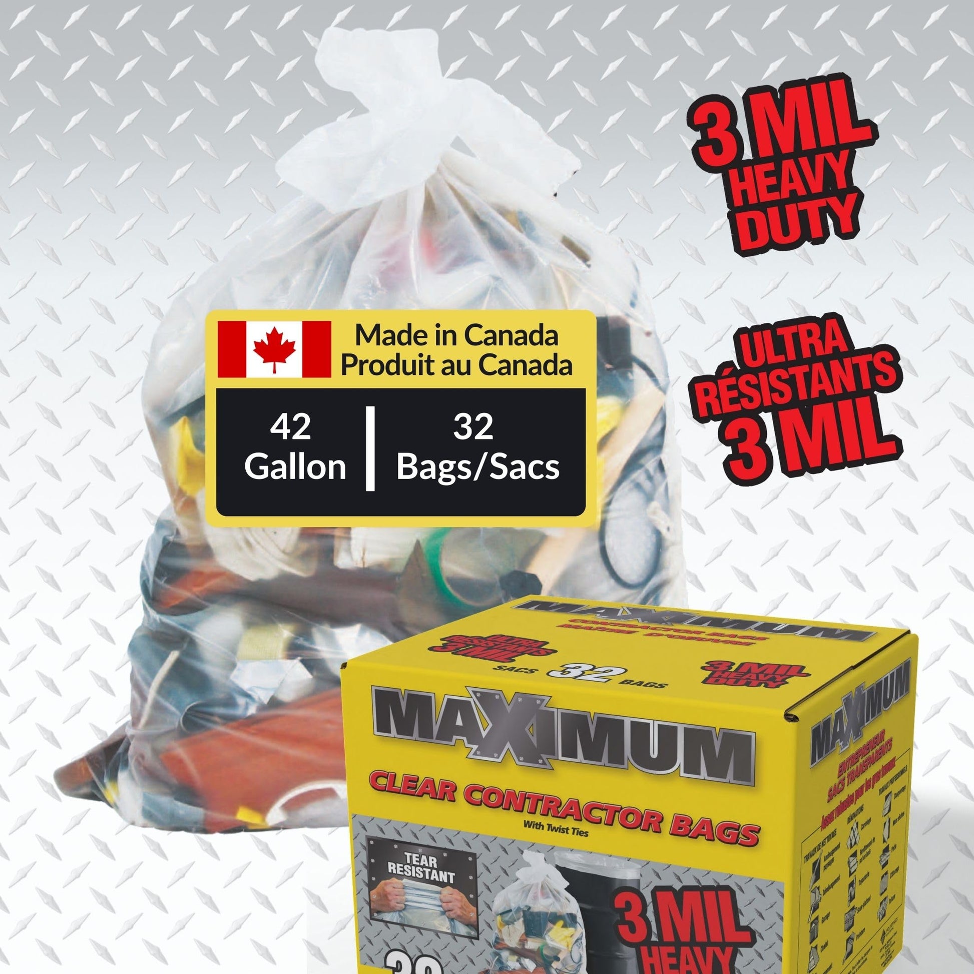 Maximum Heavy Duty Garbage Bags, 42-Gallon, 3 Mil, Clear Garbage Bags Extra Large, Tear Resistant, Industrial Strength, 32 Counts, Made In Canada - Available at All In One Marketplace Canada