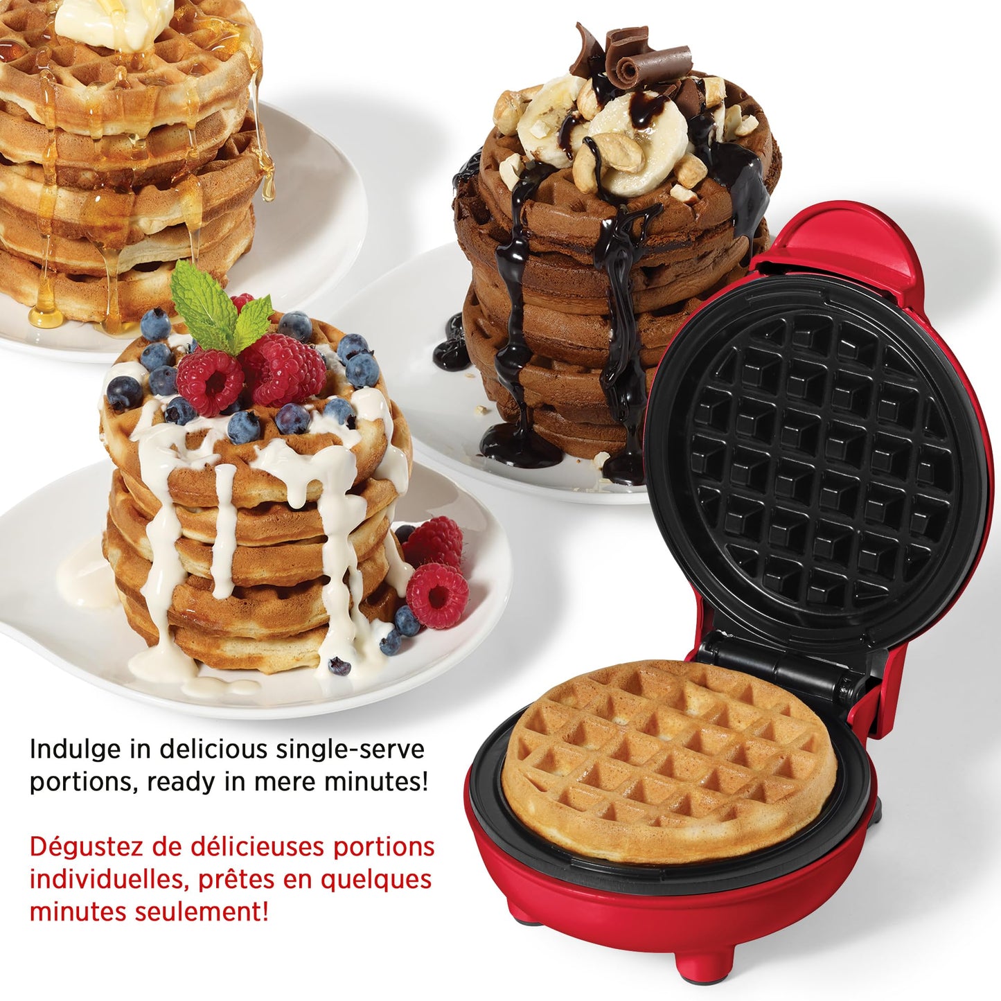 Starfrit Electric Mini Waffle Maker - 4" Non-Stick Cooking Surface - Easy to Use & Clean - Red - 350W - Available at All In One Marketplace Canada