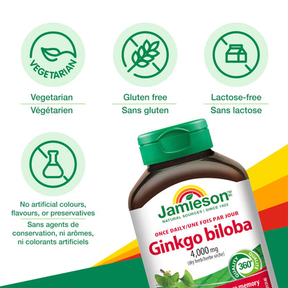 Jamieson Ginko Biloba 4,000 mg, Helps Enhance Cognitive Function, Improve Memory, and Supports Peripheral Circulation. Vegetarian, Gluten-Free, 90 Count - Available at All In One Marketplace Canada