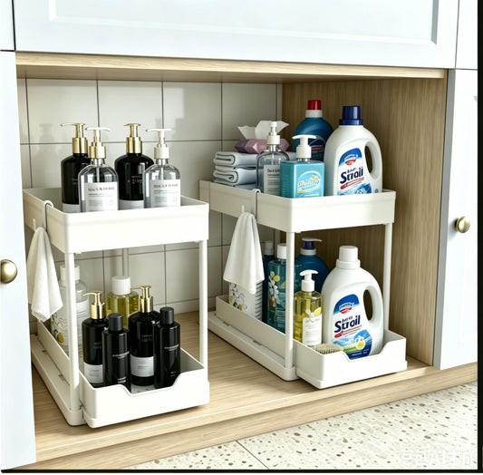 DEKAVA Under Sink Organizer 2 Pack, Bathroom Organizes, 2 Tier Sliding Cabinet Basket Organizer Drawer, Multi-Purpose Bath Collection Baskets for Bathroom (White)