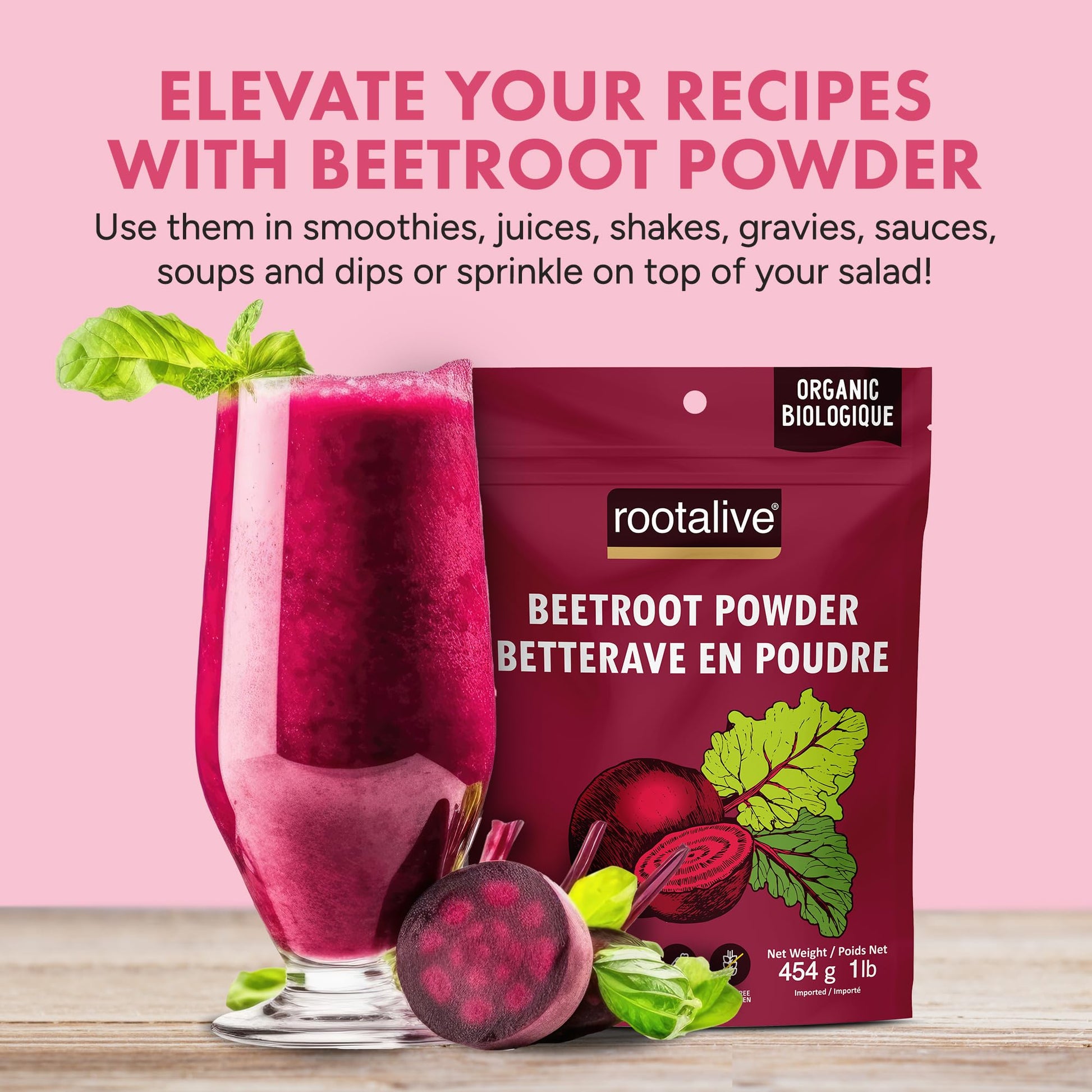 Rootalive Organic Beetroot Powder 454g (1lb) – Raw, Organic, Gluten-Free, Vegan, Ideal for Smoothies, Juice, Baking, Sauces & Natural Food Colour - Available at All In One Marketplace Canada