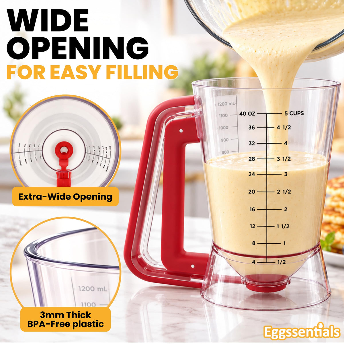 Eggssentials Pancake Dispenser for Batter - Pancake Mix Dispenser Cupcakes, and Muffins – Precision, Mess Free – Cake Mix Dispenser Bottle for Baking & Griddle - Red Color 🍁 All In One Marketplace Canada
