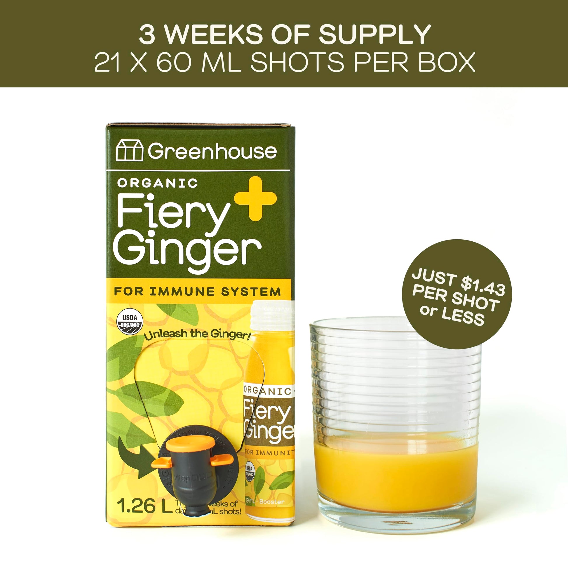 Greenhouse Juice Organic Fiery Ginger Wellness Shot 1.26L - Immunity & Anti-Inflammatory Blend with Turmeric, Lemon, Black Pepper & Oregano (2-Pack Bag-in-Box)