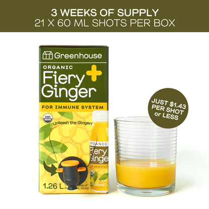 Greenhouse Juice Organic Fiery Ginger Wellness Shot 1.26L - Immunity & Anti-Inflammatory Blend with Turmeric, Lemon, Black Pepper & Oregano (2-Pack Bag-in-Box)