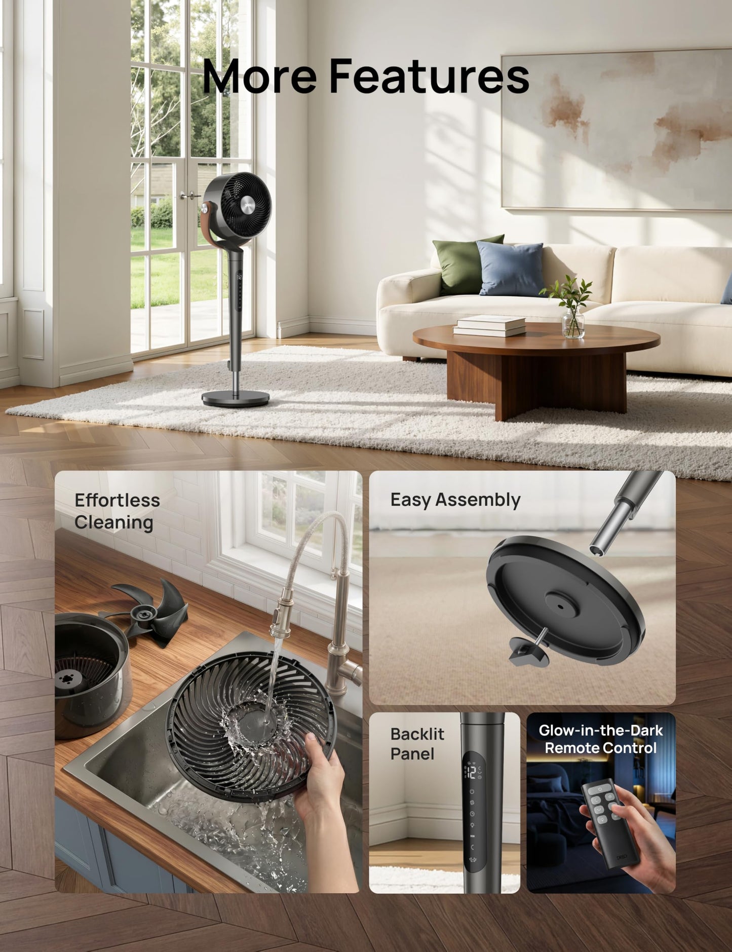 DREO Smart Fan For Bedroom, Standing Fans for Home, 120°+150° Oscillating Pedestal Fan Wi-Fi/Voice Control, 100ft 20db Quiet Circulator RGB Fan, DC Motor, 6 Modes, 12 Speeds, 37-42'' Adjustable Height - Available at All In One Marketplace Canada