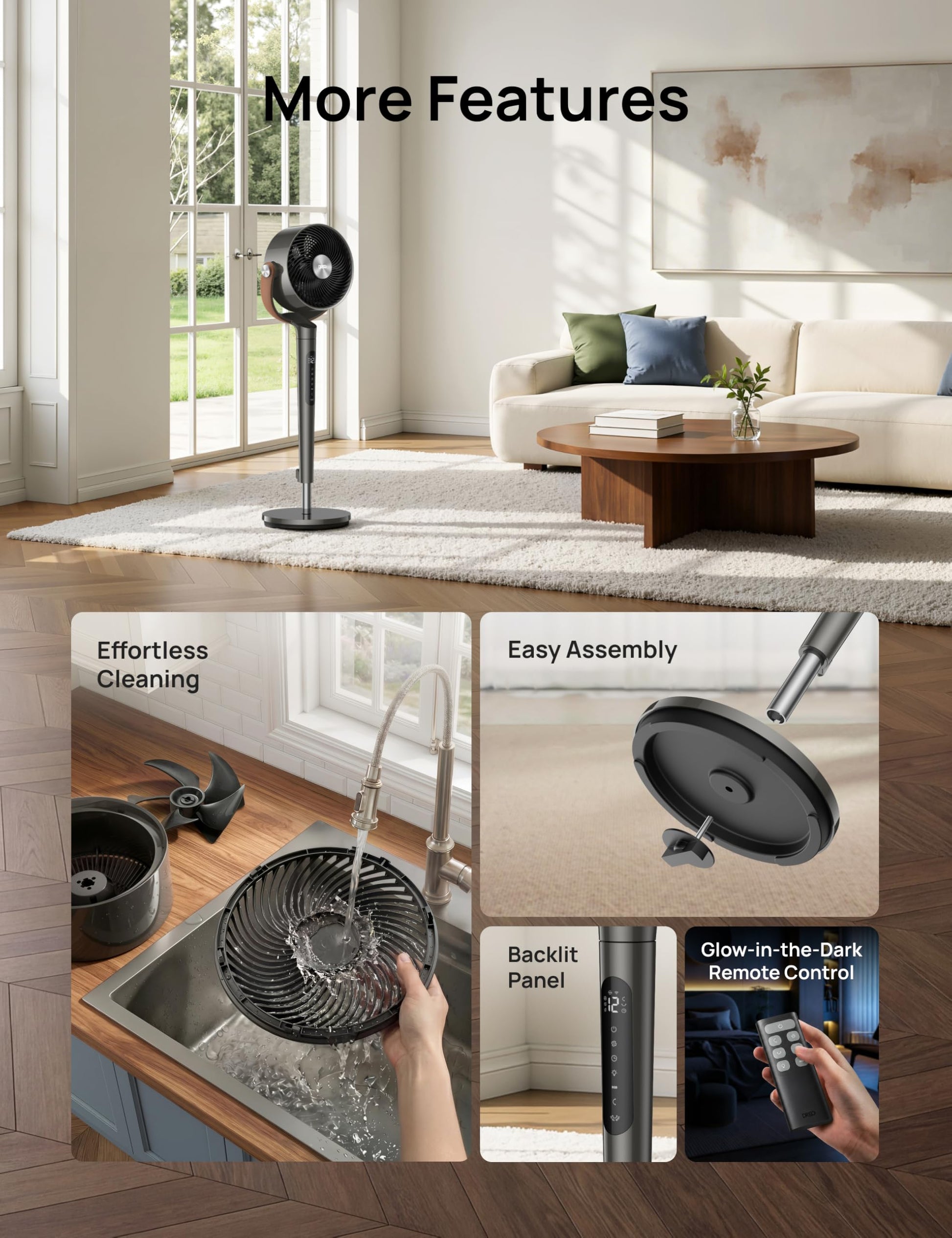 DREO Smart Fan For Bedroom, Standing Fans for Home, 120°+150° Oscillating Pedestal Fan Wi-Fi/Voice Control, 100ft 20db Quiet Circulator RGB Fan, DC Motor, 6 Modes, 12 Speeds, 37-42'' Adjustable Height - Available at All In One Marketplace Canada