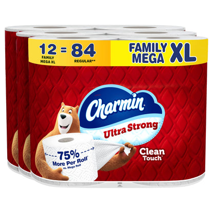 Charmin Toilet Paper Ultra Strong Clean Touch, 12 Family Mega XL Rolls = 84 Regular Rolls