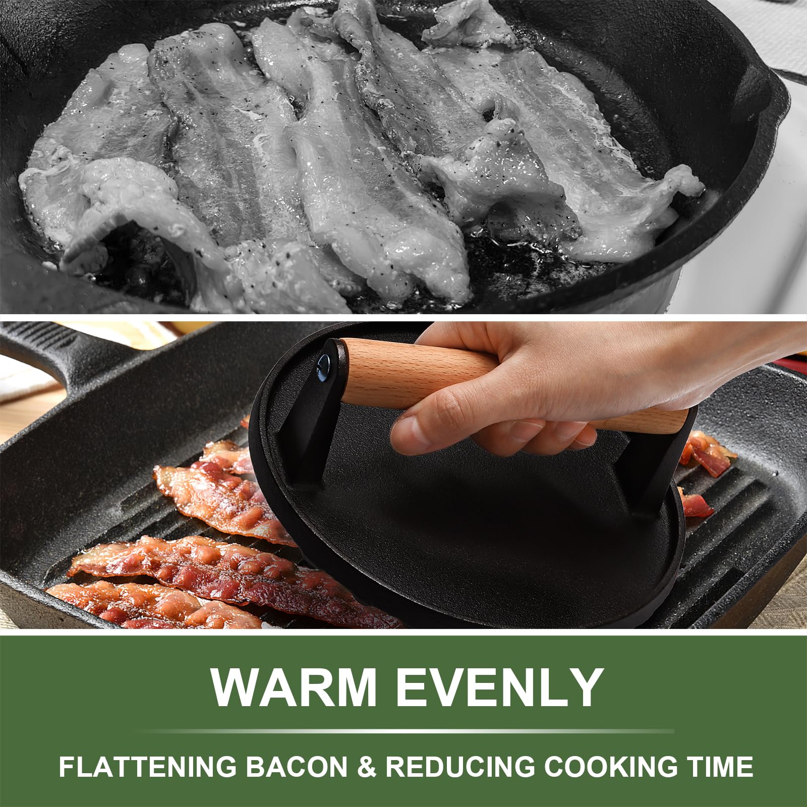 EWFEN Burger Press, 7" Round & 8.2"X4.3" Rectangle Heavy-Duty Cast Iron Smash Bacon Press Meat Steak with Wood Handle for Griddle, Sandwich, Nonstick Pan - Available at All In One Marketplace Canada