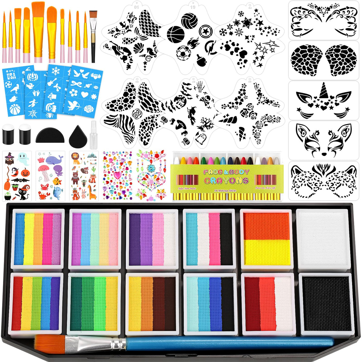Face Painting Kit Professional for Kids Adults,12 x 10g Split Cake Face Paint Palette Water Activated Face Paint with Stencil Brush Sponge, Rainbow Facepaint Makeup Kit for Halloween Party Body Paint 🍁 All In One Marketplace Canada