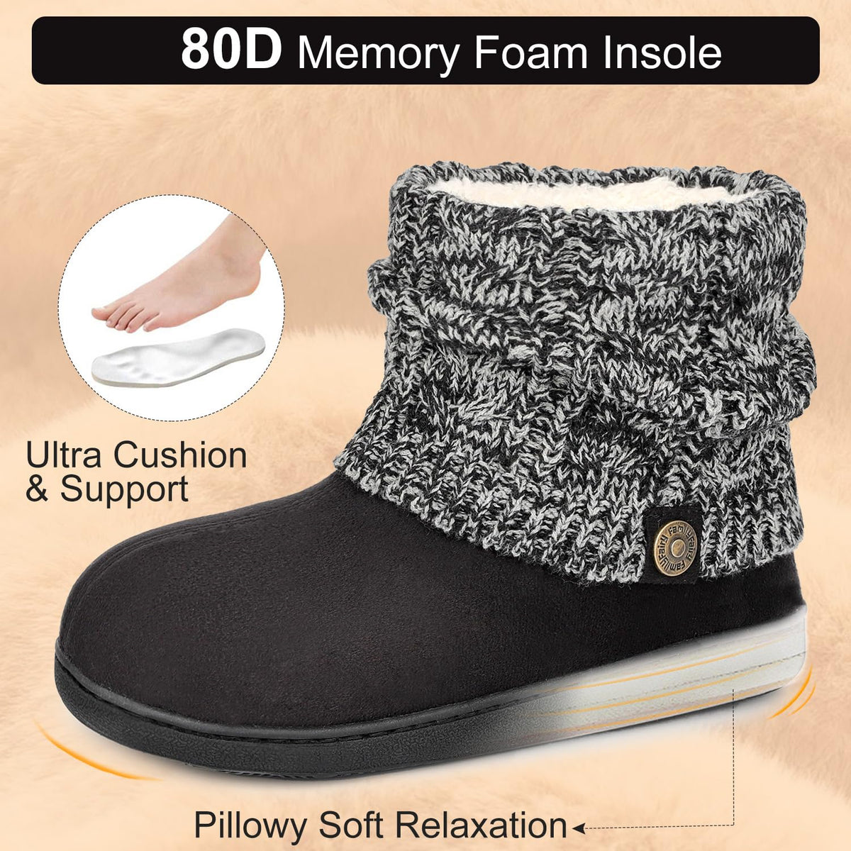 FamilyFairy Women's Bootie Slippers Warm Winter Boots Black, 9-10 🍁 All In One Marketplace Canada