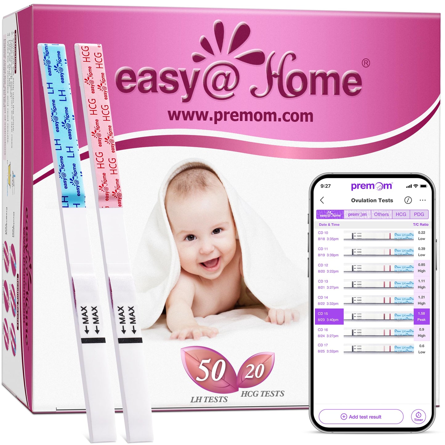 Easy@Home 50 Ovulation & 20 Pregnancy Test Strips Kits: Easy to Use Sensitive Accurate Reliable Fertility Predictor (Pink)