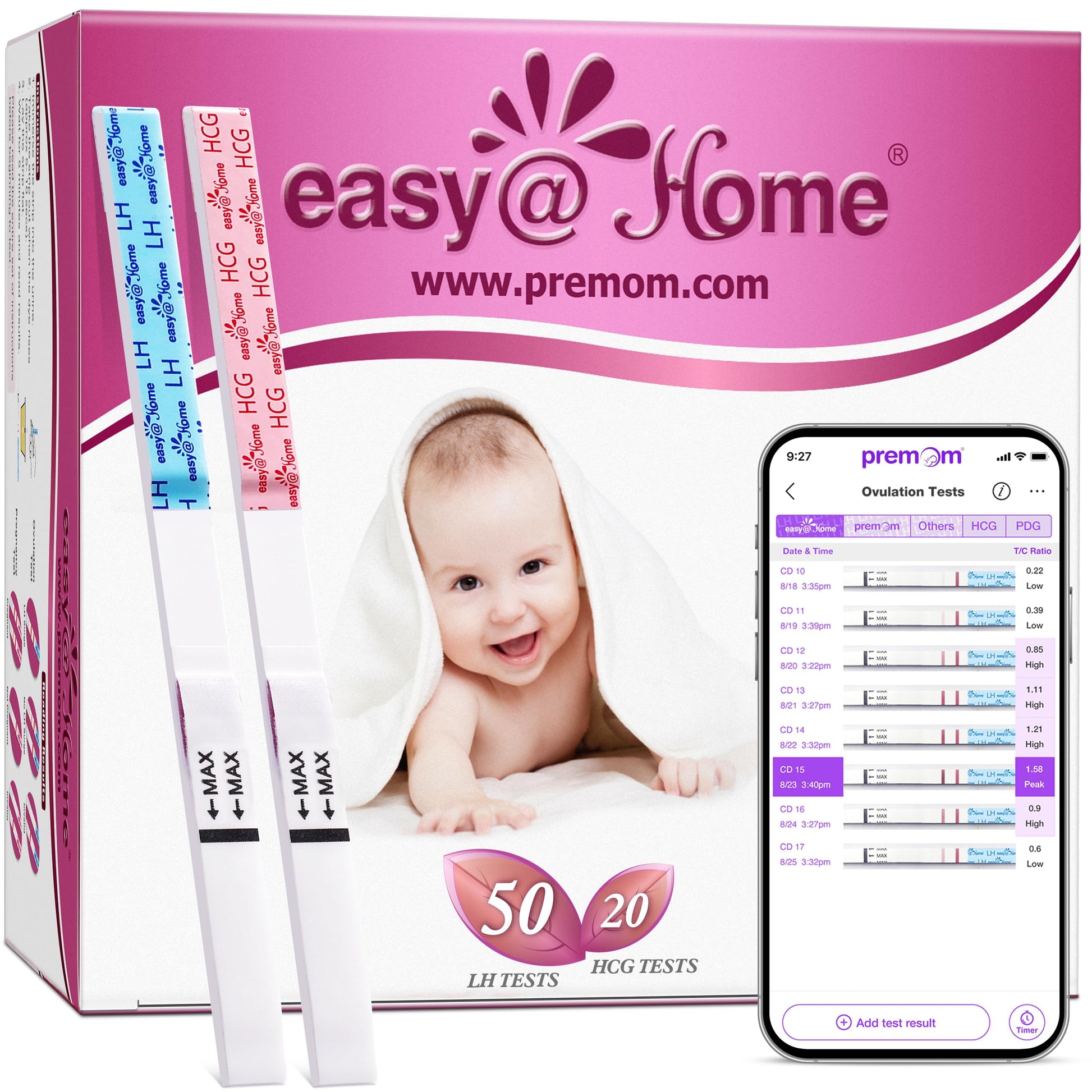 Easy@Home 50 Ovulation & 20 Pregnancy Test Strips Kits: Easy to Use Sensitive Accurate Reliable Fertility Predictor (Pink)
