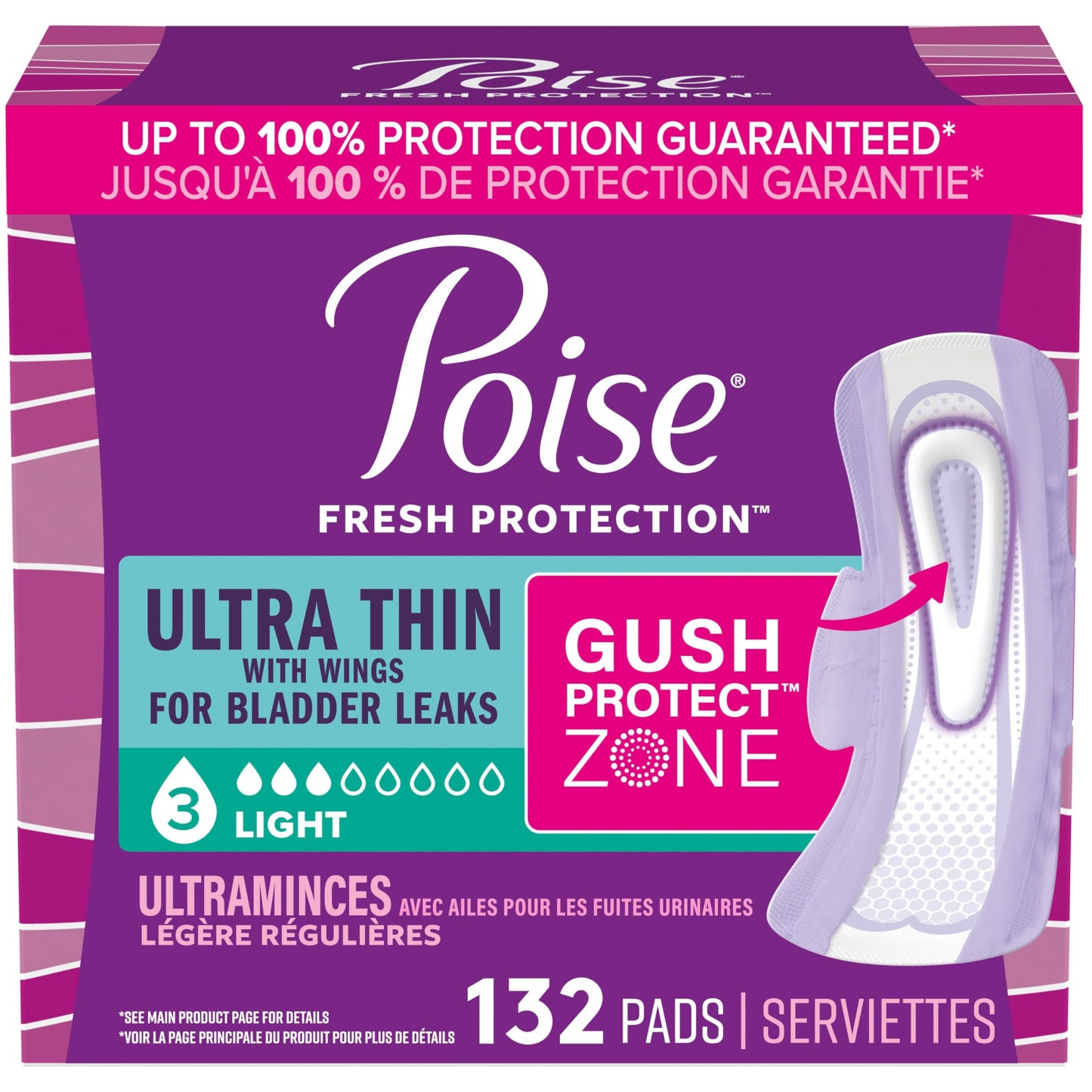 Poise Ultra Thin Incontinence Pads with Wings, 3 Drop, Regular, 132 Count 🍁 All In One Marketplace Canada