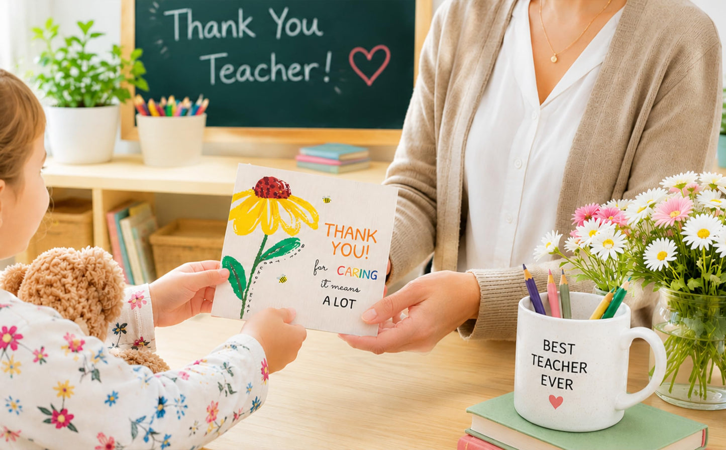 27 Teacher Thank You Cards 9 Classroom Designs with Gold Foil 15x15 cm - Available at All In One Marketplace Canada