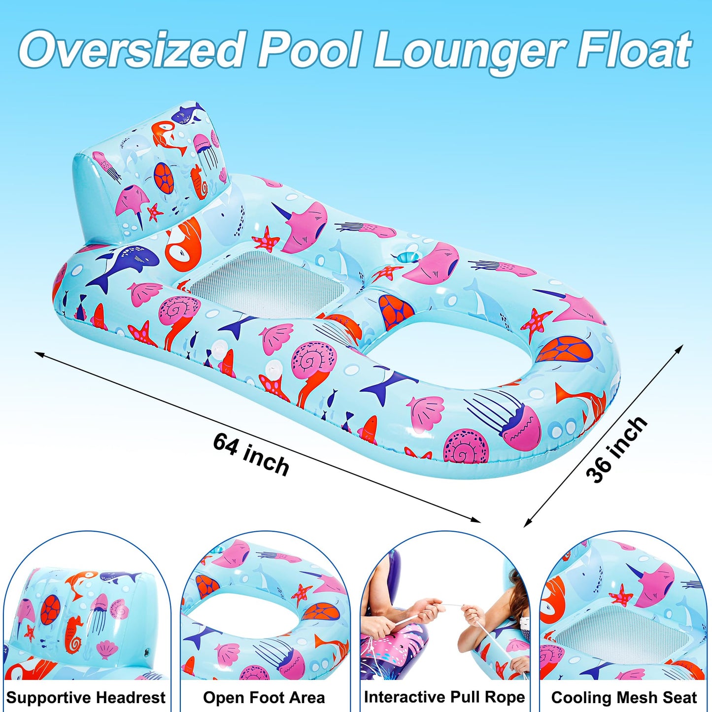 PuppyuWill 2 Pack Pool Floaties for Adults, Inflatable Pool Lounger Float Heavy Duty with Cup Holder, Backrest & Footrest Pool Lounge Float Extra Large Pool Rafts for Adults Beach Lake Party