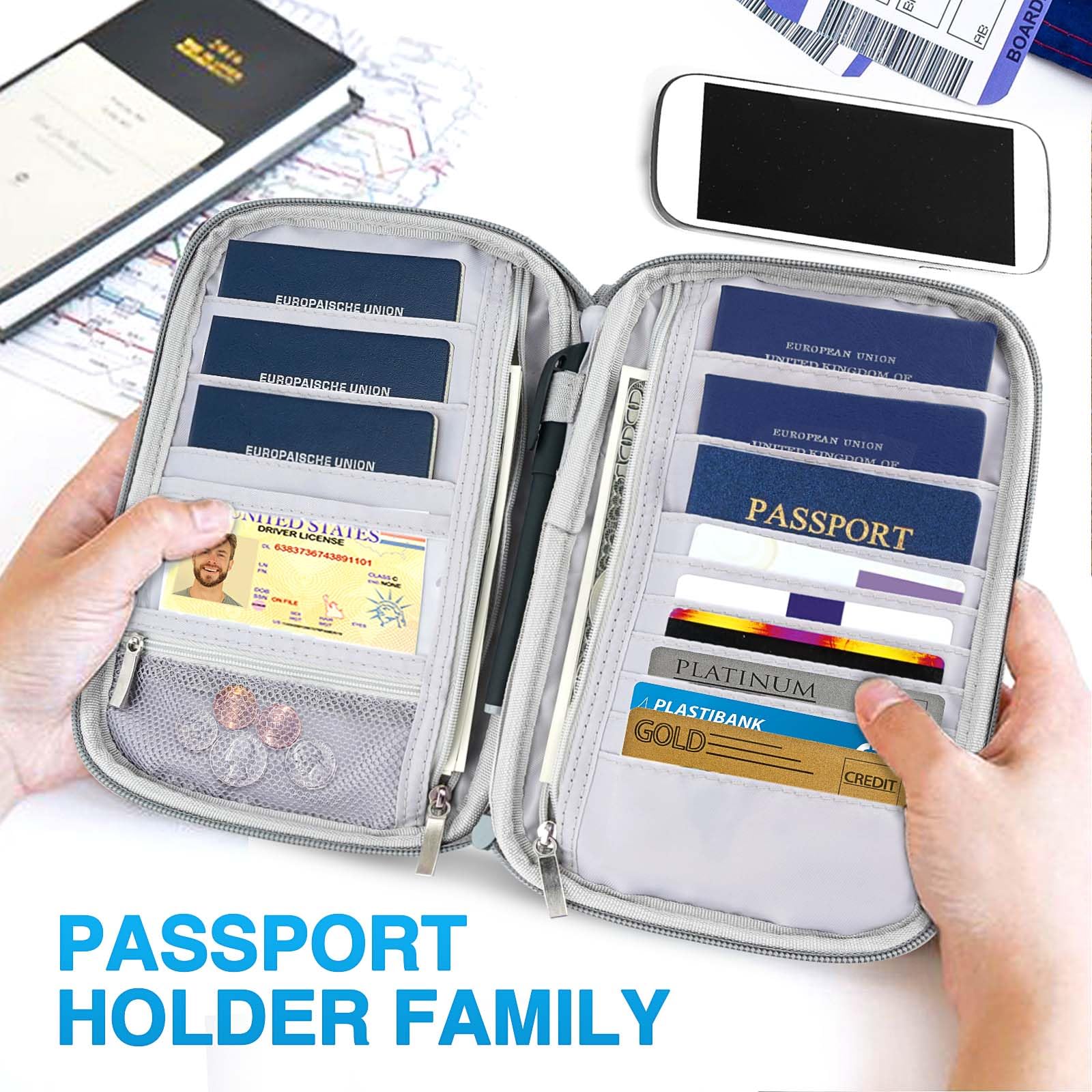 Passport Holder Family, Women RFID Blocking Passport Wallet, Travel Document Organizer for Wallets, Waterproof Passport Holders Bag for Men Traveling, Credit Cards Case