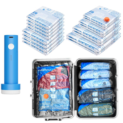 16Pack Vacuum Travel Bags with Portable Electric Pump,(2J/2L/2M2S/4 ROLLER BAG/4 SMALL ROLLER BAG),Travel Vacuum Bag with Pump, vacuum seal bags for clothing travel