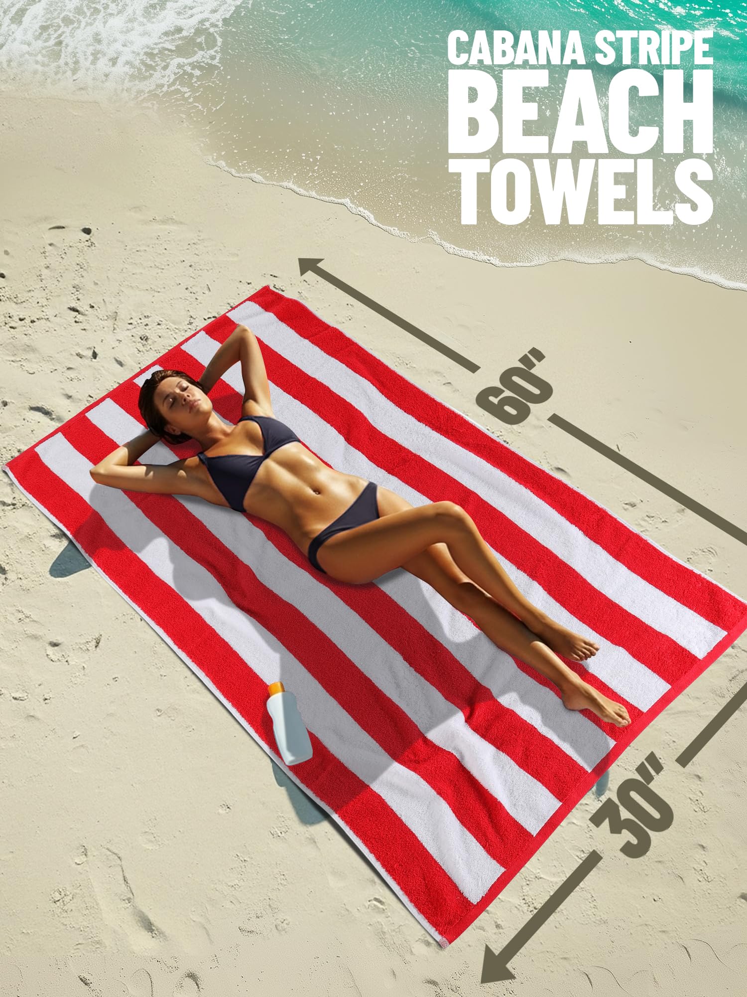 Utopia Towels 4 Pack Cabana Stripe Beach Towels (30x60 inches) - 100% Ring Spun Cotton Large Pool Towels, Soft and Quick Dry Swim Towels (Blue,Grey,Red,Green)