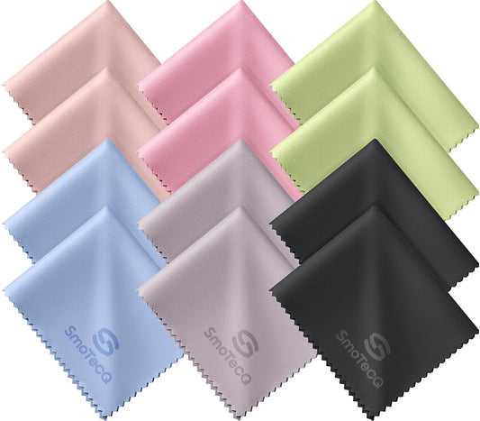 SmoTecQ 12 Pack Microfiber Cleaning Cloths for Glasses & Screens (6x7) - Optical Grade Lens Cleaner for Eyeglasses, Camera, iPhone, iPad & TV - Individually Wrapped, Assorted Colours - Available at All In One Marketplace Canada