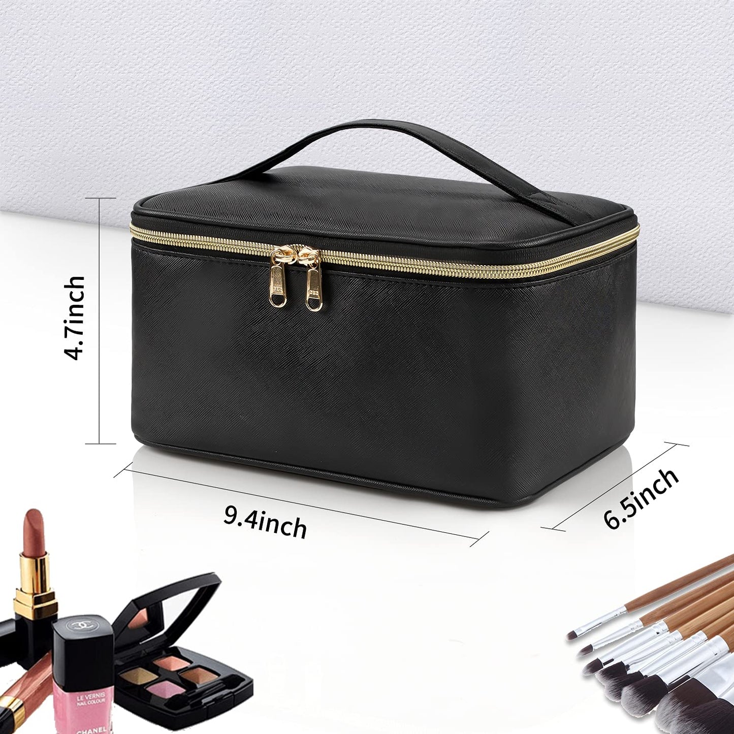 Makeup Bag, Portable Cosmetic Bag, Large Capacity Travel Makeup Case Organizer for Women and Girls, Train Case Makeup Bag for Toiletries for Traveling with Handle and Divider, Black - Available at All In One Marketplace Canada
