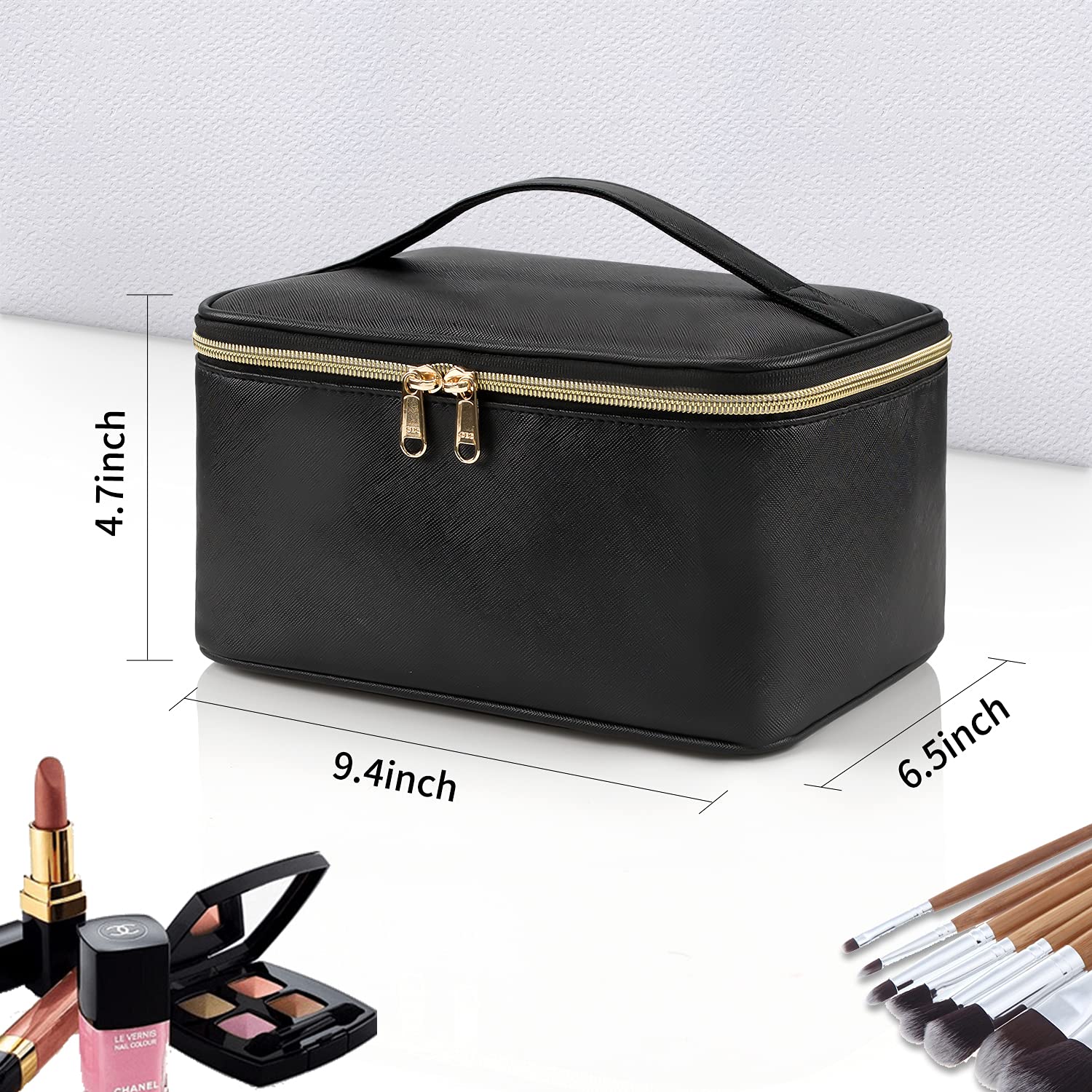 Makeup Bag, Portable Cosmetic Bag, Large Capacity Travel Makeup Case Organizer for Women and Girls, Train Case Makeup Bag for Toiletries for Traveling with Handle and Divider, Black - Available at All In One Marketplace Canada